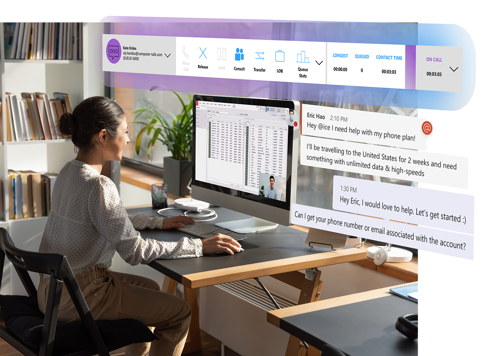 Taking calls in ice - with icebar and with messages - min Woman looking at screen with ice Contact Center on her screen
