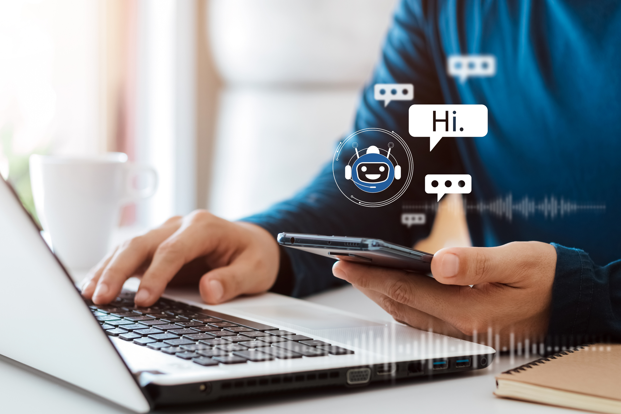 Reduce staff by over 50% with a chatbot Man talking to a chatbot on his phone